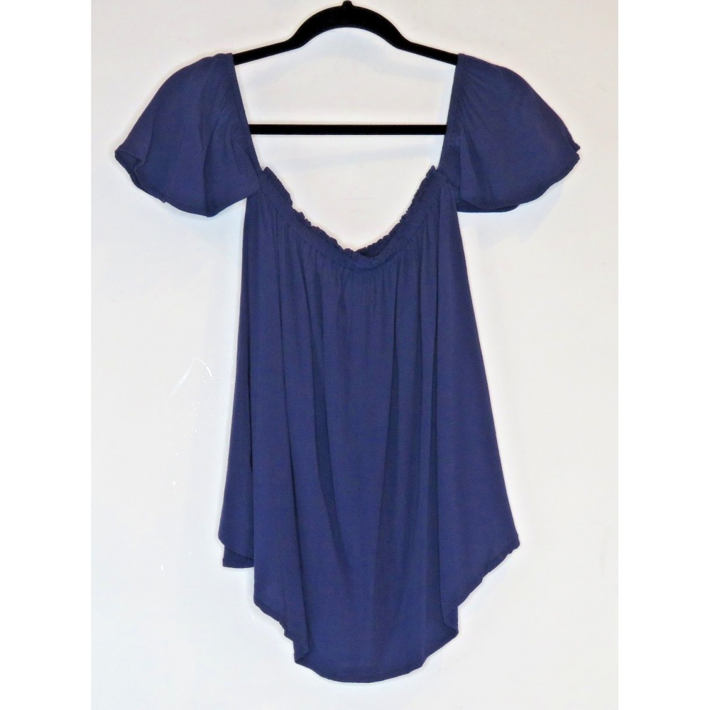 BLQ Solid Navy Lightweight Top Shirt Ruffled Collar Short Flutter Sleeve EUC - Picture 2 of 5